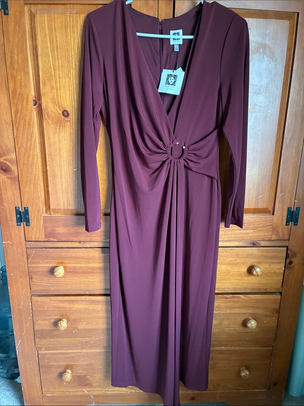 Anne Klein Deep Wine Twist-Front Long Sleeve Dress